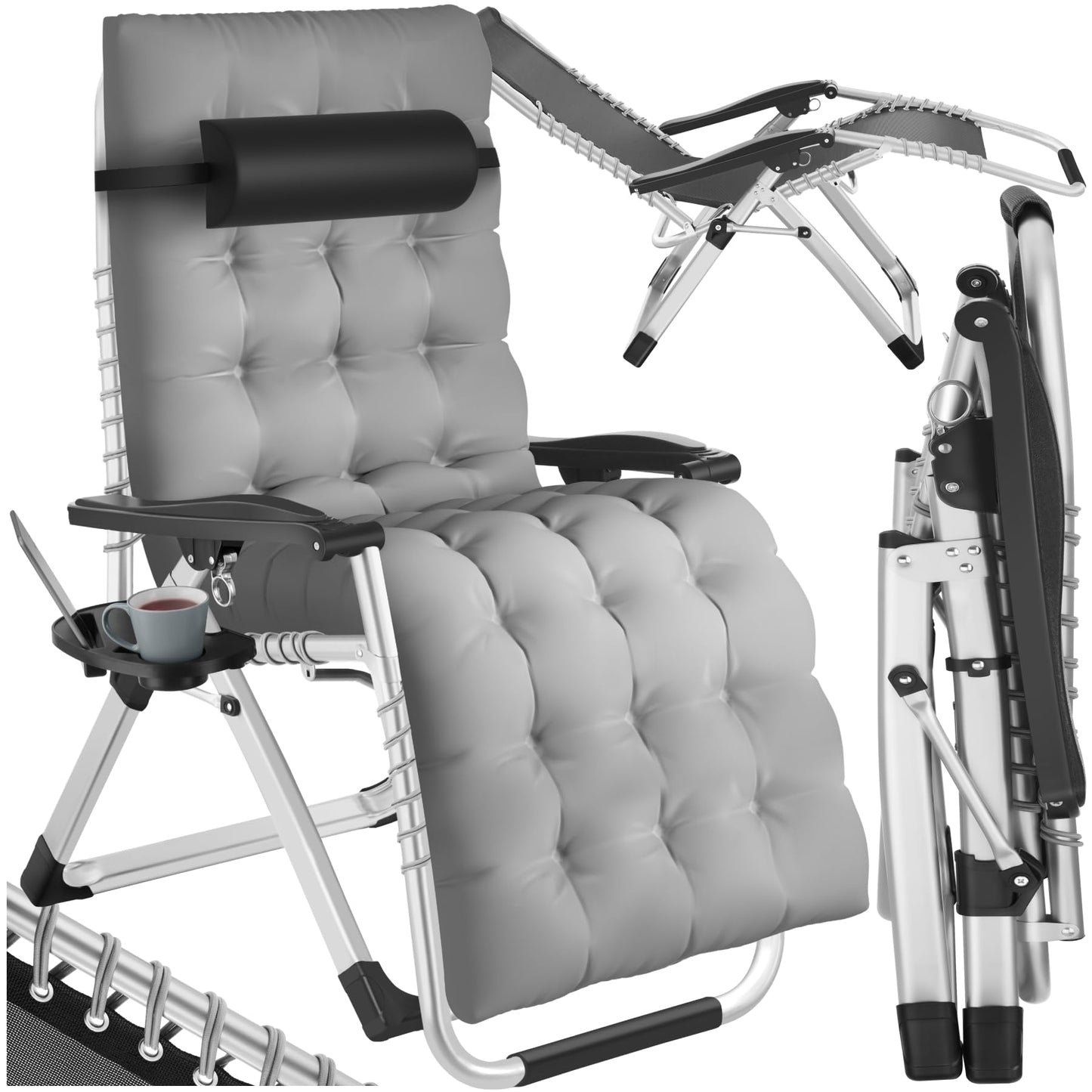 TecTake Tumbona Plegable con Mesa Auxiliar Gris Claro
