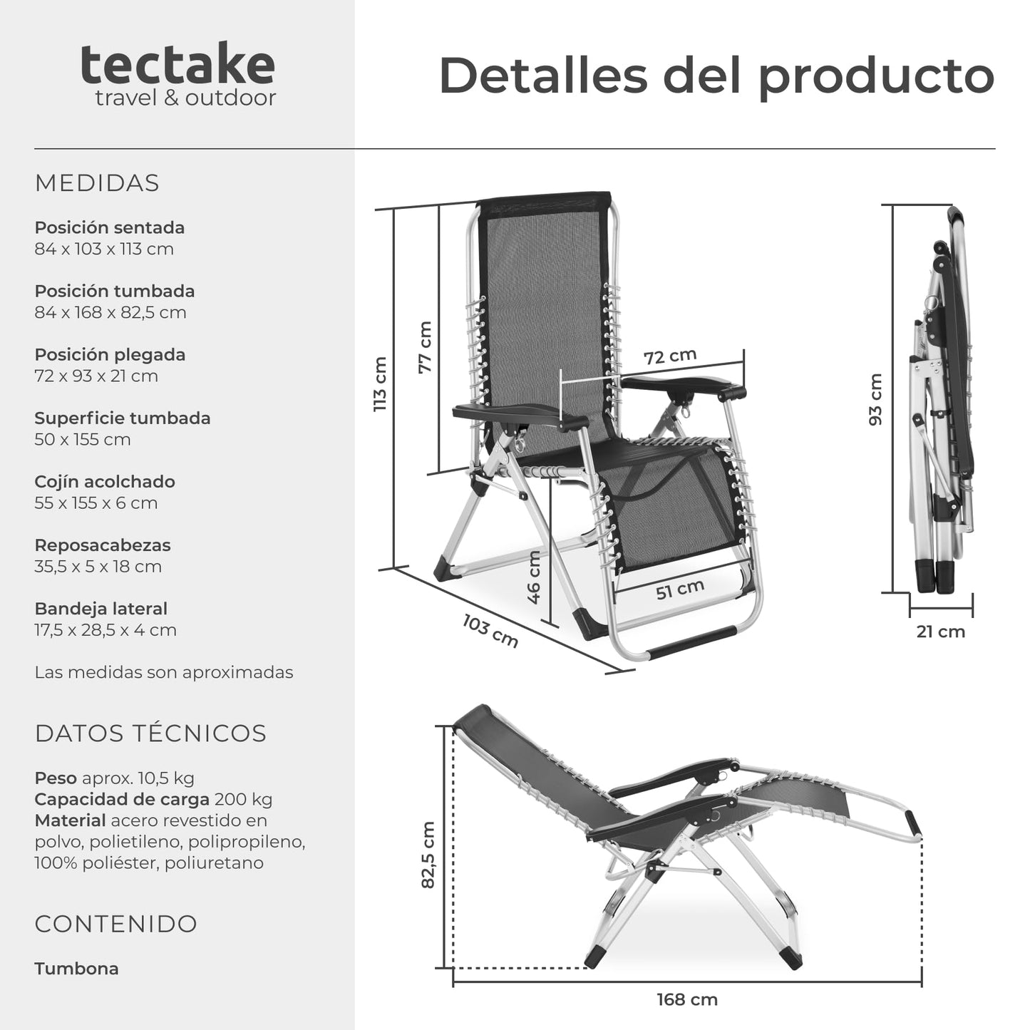 TecTake Tumbona Plegable con Mesa Auxiliar Gris Claro