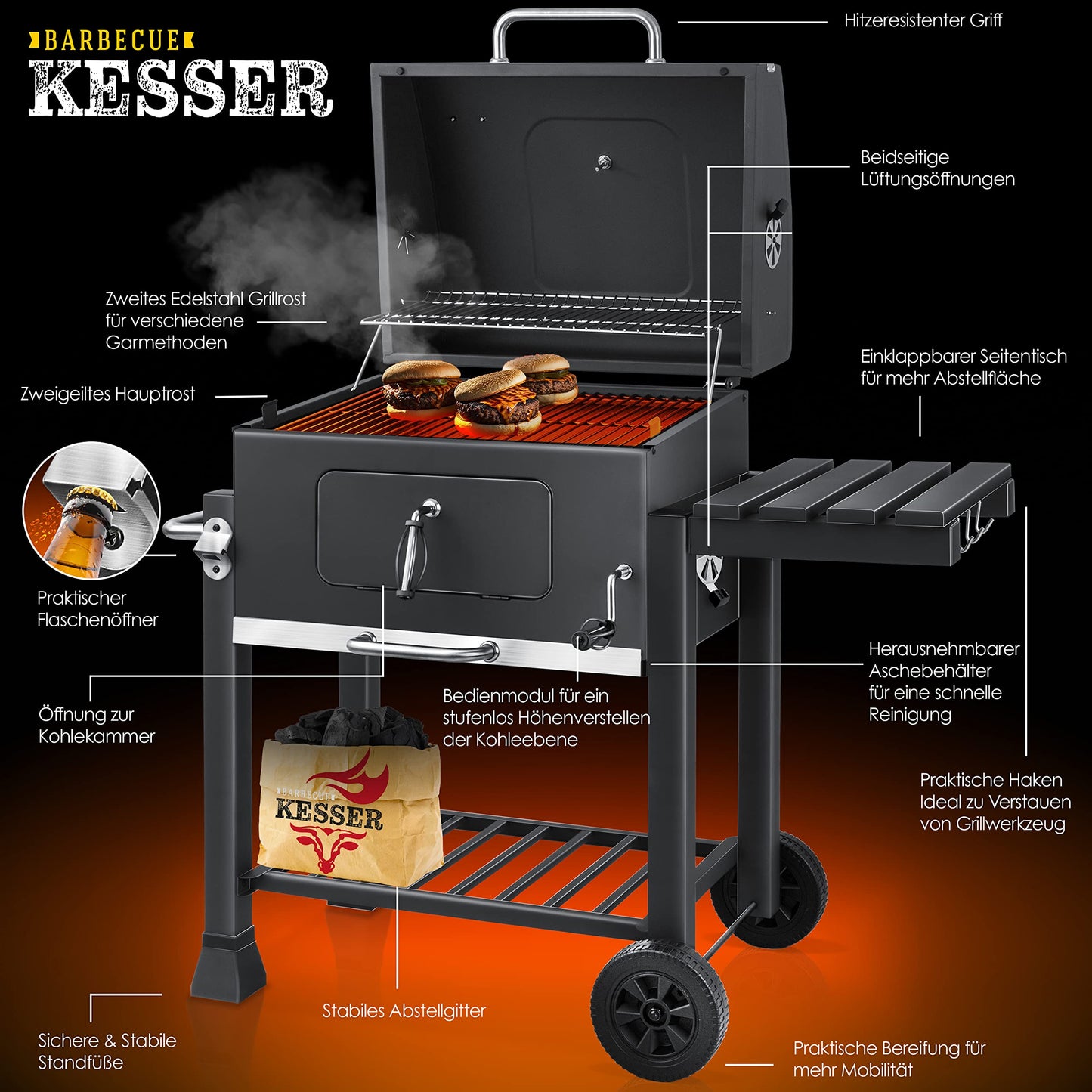 KESSER® Parrilla de Carbón con Carrito XL Gris
