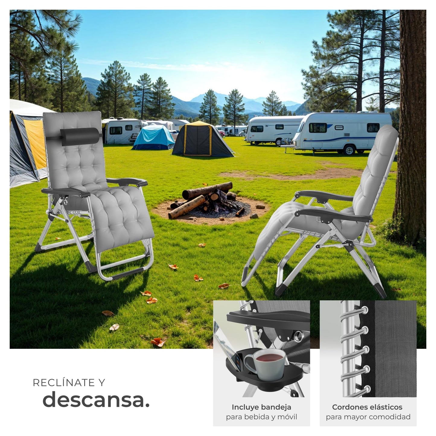 TecTake Tumbona Plegable con Mesa Auxiliar Gris Claro