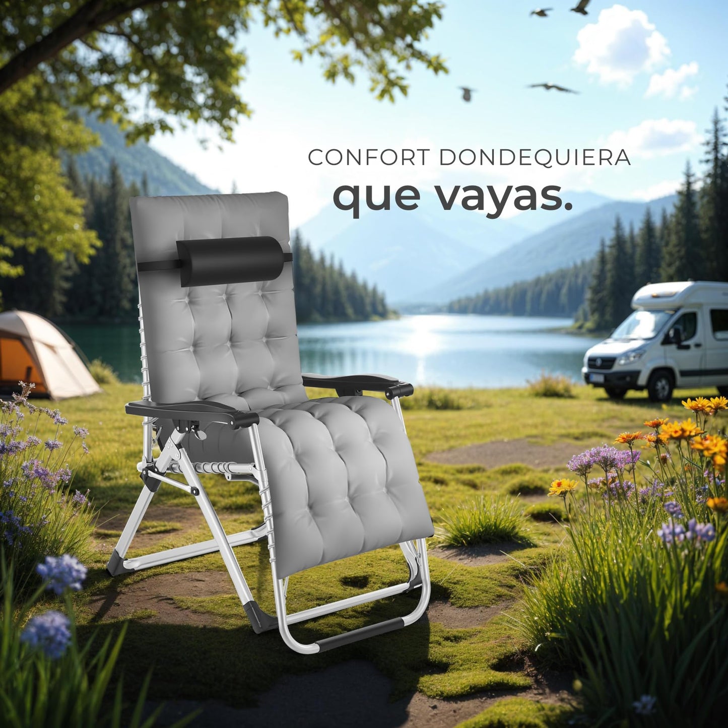 TecTake Tumbona Plegable con Mesa Auxiliar Gris Claro