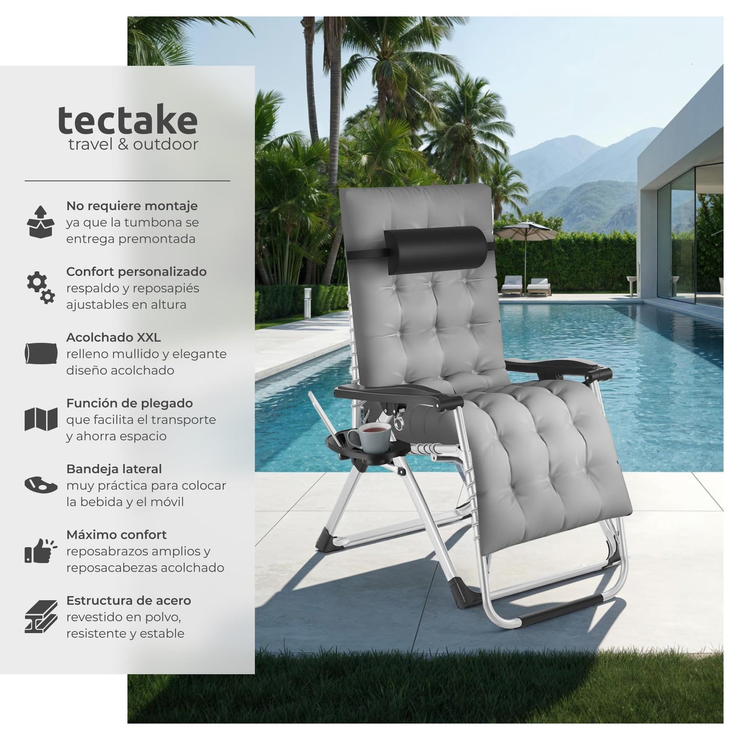 TecTake Tumbona Plegable con Mesa Auxiliar Gris Claro